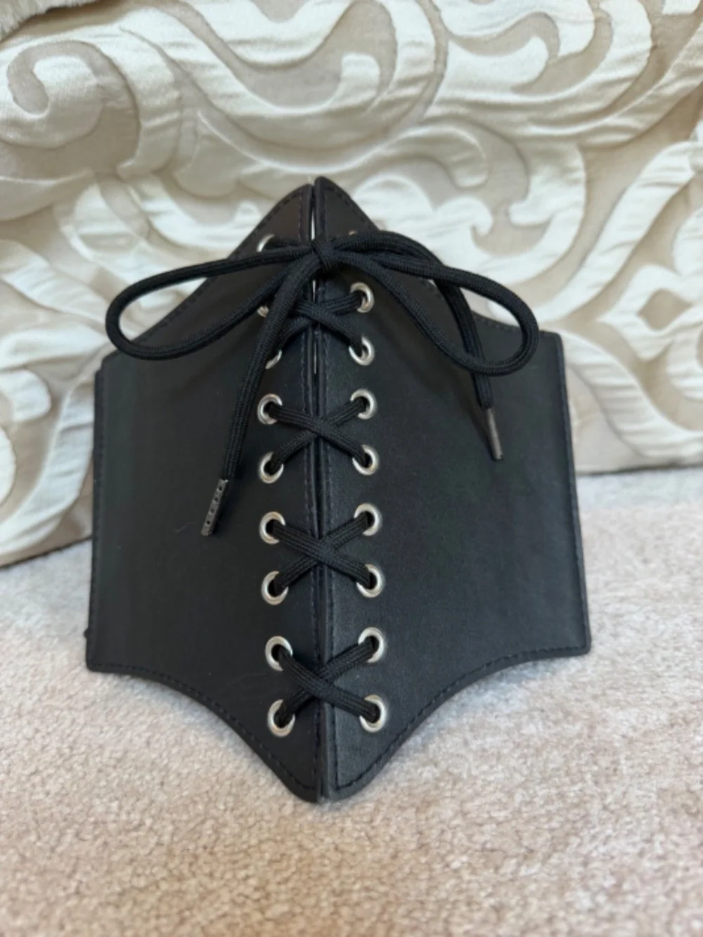 Black Faux Leather Lace Up Corset Belt Elastic Wide Waist Underbust Cincher
